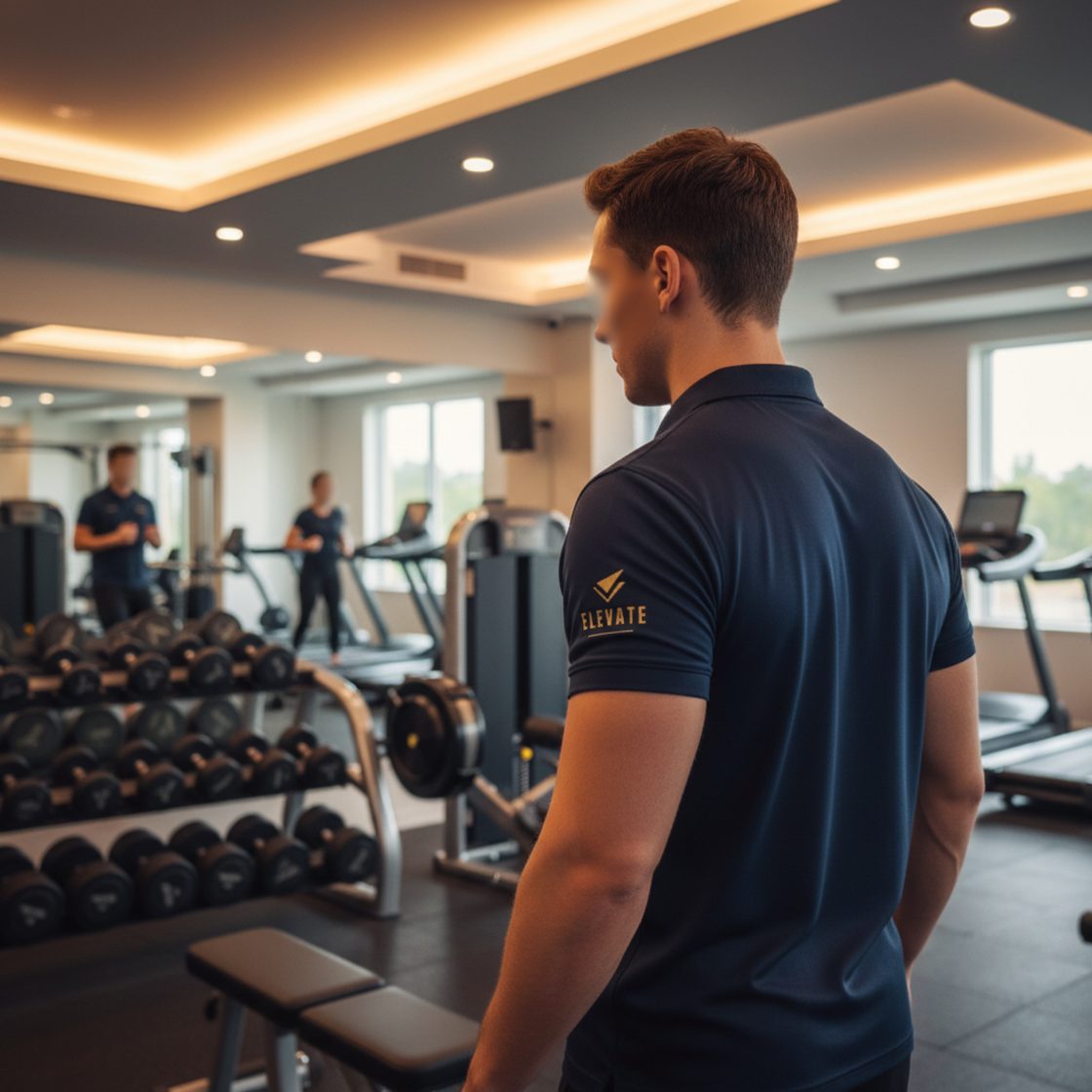 Entrenador de Elevate con polo corporativo en la sala de musculación de un club