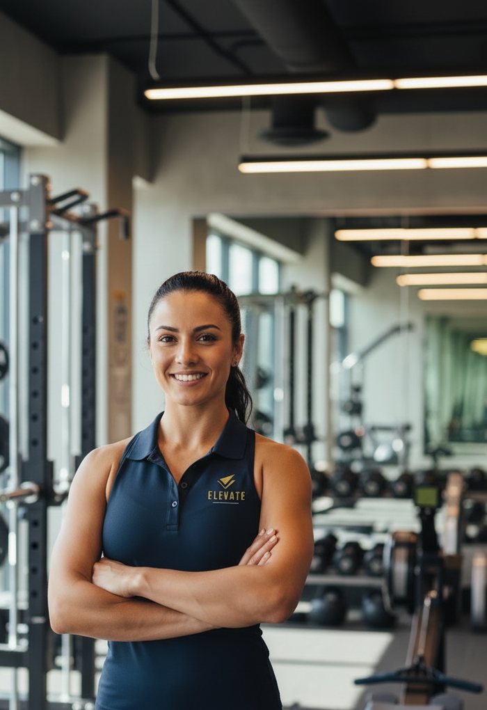 Entrenadora de Elevate con polo corporativo en la sala del club